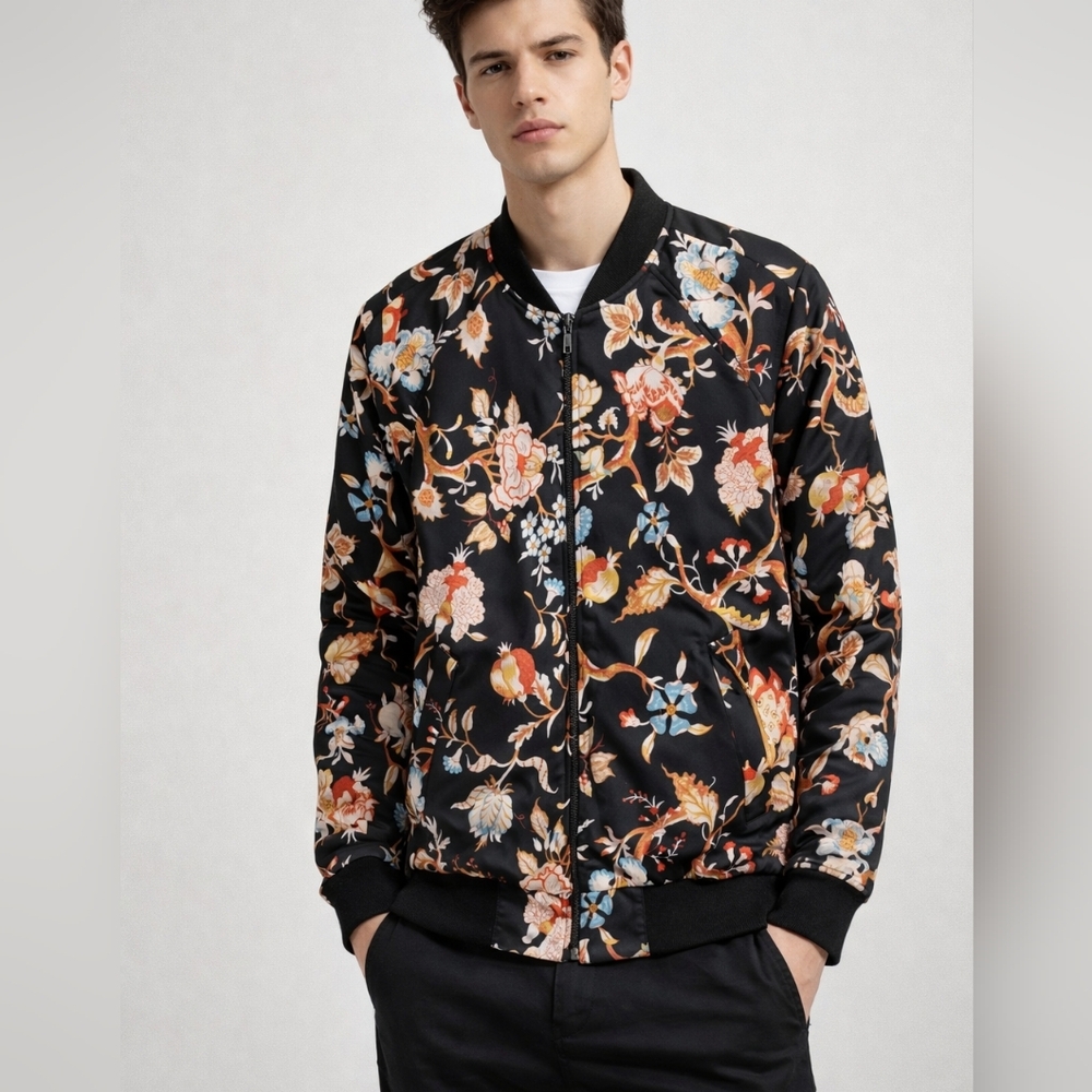 H&M Men's Black Floral Reversible Bomber Satin Jacket Size M Festival Minimalist